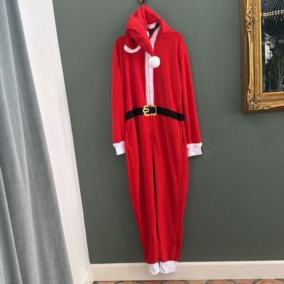 Tipsy Elves SANTA CLAUSE Christmas JUMPSUIT ONESIE WITH FUR Men’s Large - Picture 1 of 11